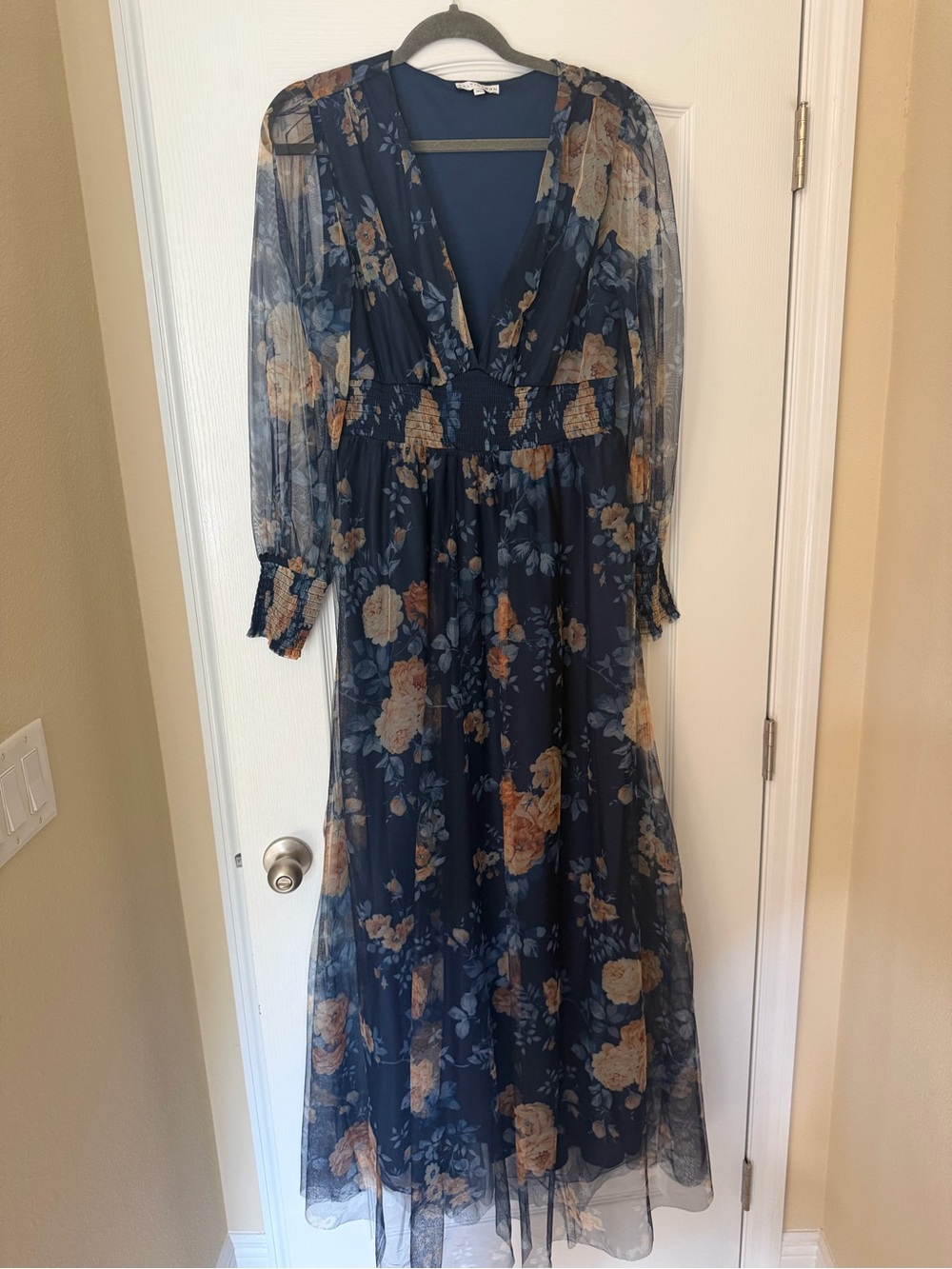 Baltic Born Navy Floral Maxi Dress with Sheer Sleeves